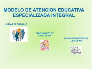 MODELO DE ATENCION EDUCATIVA
   ESPECIALIZADA INTEGRAL
LINEAS DE TRABAJO



                    DIMENSIONES DE
                      APLICACION
                                     LINEAS ESTRATEGICAS
                                          DE ACCION
 