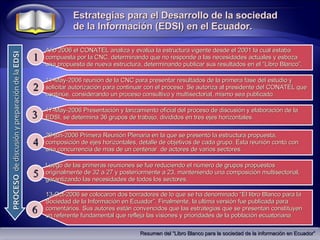 PROCESO   de discusión y preparación de la  EDSI Resumen del “Libro Blanco para la sociedad de la información en Ecuador”  11-May-2006 reunión de la CNC para presentar resultados de la primera fase del estudio y solicitar autorización para continuar con el proceso. Se autoriza al presidente del CONATEL que continúe, considerando un proceso consultivo y multisectorial, mismo sea publicado. 17-May-2006 Presentación y lanzamiento oficial del proceso de discusión y elaboración de la EDSI, se determina 36 grupos de trabajo, divididos en tres ejes horizontales. 1 Año 2006 el CONATEL analiza y evalúa la estructura vigente desde el 2001 la cual estaba compuesta por la CNC, determinando que no responde a las necesidades actuales y esboza una propuesta de nueva estructura, determinando publicar sus resultados en el “Libro Blanco”. 2 3 4 5 6 Estrategias para el Desarrollo de la sociedad de la Información (EDSI) en el Ecuador. 29-jun-2006 Primera Reunión Plenaria en la que se presentó la estructura propuesta, composición de ejes horizontales, detalle de objetivos de cada grupo. Esta reunión contó con una concurrencia de mas de un centenar  de actores de varios sectores. Luego de las primeras reuniones se fue reduciendo el número de grupos propuestos originalmente de 32 a 27 y posteriormente a 23, manteniendo una composición multisectorial, garantizando las necesidades de todos los sectores.  13-Oct-2006 se colocaron dos borradores de lo que se ha denominado “El libro Blanco para la Sociedad de la Información en Ecuador”. Finalmente, la ultima versión fue publicada para comentarios. Sus autores están convencidos que las estrategias que se presentan constituyen un referente fundamental que refleja las visiones y prioridades de la población ecuatoriana 