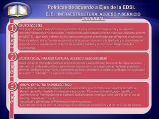 1 2 Políticas de acuerdo a Ejes de la EDSI. EJE I: INFRAESTRUCTURA, ACCESO Y SERVICIO UNIVERSAL 3 GRUPO REDES, INFRAESTRUCTURA, ACCESO Y ASEQUIBILIDAD Busca Instaurar diferentes políticas acerca de acceso y asequibilidad, buscando facilita el acceso a internet con tarifas asequibles y aprovisionar nuevos servicios convergentes. Además pretender eliminar privilegios y promover un ambiente de libre competencia, evitado conflictos por asignación del espectro radioeléctrico a grupos privilegiados.  GRUPO ESPECTRO RADIOELÉCTRICO Garantizar su utilización en beneficio de la sociedad y que contribuya al desarrollo territorial. Beneficiar la difusión de la información y educación . Promover la investigación científica  Administrar de manera óptima el Espectro Radioeléctrico, en lo que tiene que ver con el uso de bandas, nuevos servicios, etc. Actualizar y administrar el Plan Nacional de Frecuencias. Ejecutar acciones de control para asegurar la calidad de los servicios y el correcto uso de bandas GRUPO FODETEL Este grupo enmarca sus políticas en garantizar el uso y optimización de redes y servicios de telecomunicaciones a nivel nacional, fortaleciendo administrativamente, técnica y económicamente al FODETEL, apoyando a demás las iniciativas particulares presentadas por diferentes organismos. Trata de enfocar sus esfuerzos en garantizar el acceso en concreto a la telefonía y acceso a internet  de banda ancha, manteniendo criterios de igualdad, calidad y economía en beneficio de los ecuatorianos Grupo Grupo Grupo 