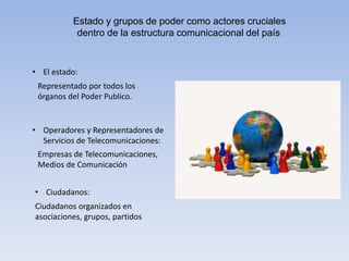 Estado y grupos de poder como actores cruciales
dentro de la estructura comunicacional del país
• El estado:
Representado por todos los
órganos del Poder Publico.
• Operadores y Representadores de
Servicios de Telecomunicaciones:
Empresas de Telecomunicaciones,
Medios de Comunicación
• Ciudadanos:
Ciudadanos organizados en
asociaciones, grupos, partidos
 