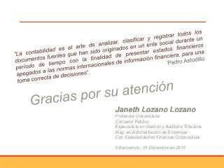 Janeth Lozano Lozano
Profesora Universitaria
Contador Público
Especialista en Gestión y Auditoria Tributaria
Mag. en Administración de Empresas
Con Especialidad en Finanzas Corporativas
Villavicencio, 01 Diciembre de 2015
 