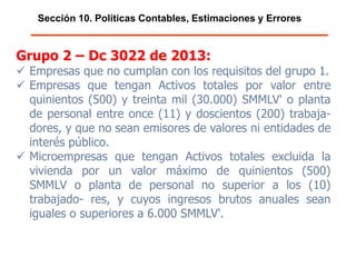 Sección 10. Políticas Contables, Estimaciones y Errores
Grupo 2 – Dc 3022 de 2013:
 Empresas que no cumplan con los requisitos del grupo 1.
 Empresas que tengan Activos totales por valor entre
quinientos (500) y treinta mil (30.000) SMMLV' o planta
de personal entre once (11) y doscientos (200) trabaja-
dores, y que no sean emisores de valores ni entidades de
interés público.
 Microempresas que tengan Activos totales excluida la
vivienda por un valor máximo de quinientos (500)
SMMLV o planta de personal no superior a los (10)
trabajadores, y cuyos ingresos brutos anuales sean
iguales o superiores a 6.000 SMMLV'.
 
