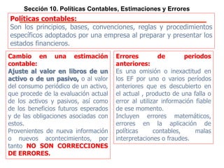 Sección 10. Políticas Contables, Estimaciones y Errores
Políticas contables:
Son los principios, bases, convenciones, reglas y procedimientos
específicos adoptados por una empresa al preparar y presentar los
estados financieros.
Cambio en una estimación
contable:
Ajuste al valor en libros de un
activo o de un pasivo, o al valor
del consumo periódico de un activo,
que procede de la evaluación actual
de los activos y pasivos, así como de
los beneficios futuros esperados y de
las obligaciones asociadas con estos.
Provenientes de nueva información o
nuevos acontecimientos, por tanto
NO SON CORRECCIONES DE
ERRORES.
Errores de periodos
anteriores:
Es una omisión o inexactitud
en los EF por uno o varios
períodos anteriores que es
descubierto en el actual,
producto de una falla o error al
utilizar información fiable de ese
momento.
Incluyen errores matemáticos,
errores en la aplicación de
políticas contables, malas
interpretaciones o fraudes.
 