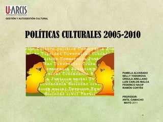 POLÍTICAS CULTURALES 2005-2010 GESTIÓN Y AUTOGESTIÓN CULTURAL PAMELA ALVARADO NELLY TODOROVA ÚRSULA ARELLANO LUÍS CARLOS MALCA FEDERICO NACIF RAMÓN CORTÉS PROFESOR: ANTIL CAMACHO MAYO  2011 