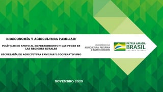 BIOECONOMÍA Y AGRICULTURA FAMILIAR:
POLÍTICAS DE APOYO AL EMPRENDIMIENTO Y LAS PYMES EN
LAS REGIONES RURALES
SECRETARÍA DE AGRICULTURA FAMILIAR Y COOPERATIVISMO
NOVEMBRO 2020
 