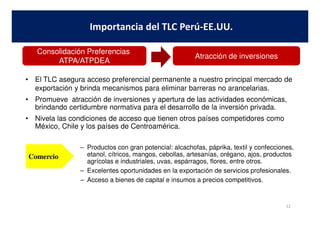 • El TLC asegura acceso preferencial permanente a nuestro principal mercado de
exportación y brinda mecanismos para eliminar barreras no arancelarias.
• Promueve atracción de inversiones y apertura de las actividades económicas,
brindando certidumbre normativa para el desarrollo de la inversión privada.
Importancia del TLC Perú-EE.UU.
Consolidación Preferencias
ATPA/ATPDEA
Atracción de inversiones
• Nivela las condiciones de acceso que tienen otros países competidores como
México, Chile y los países de Centroamérica.
– Productos con gran potencial: alcachofas, páprika, textil y confecciones,
etanol, cítricos, mangos, cebollas, artesanías, orégano, ajos, productos
agrícolas e industriales, uvas, espárragos, flores, entre otros.
– Excelentes oportunidades en la exportación de servicios profesionales.
– Acceso a bienes de capital e insumos a precios competitivos.
12
Comercio
 