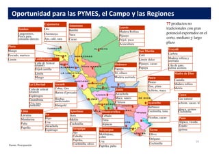 Acuicultura
Frijol, yuca
Pijuayo
Madera Rolliza
Loreto
Papaya
Pijuayo, cacao
Limón dulce
Café
San Martin
Cacao
Yuca
Bambú
Amazonas
Mango
Limón
Frijol castilla
Caña de Azúcar
(etanol)
Lambayeque
Ajo, café, tara
Chirimoya
Oro
Cajamarca
Uña de gato,
palma aceitera
Madera rolliza y
aserrada
Carbón
Ucayali
Madera aserrada
Té, olluco
Papaya
Huánuco
Madre de Dios
Pasco
Langostinos,
Pesca para
consumo directo
Tumbes
Limón
Pescado, marisco
Mango
Piura
Oportunidad para las PYMES, el Campo y las Regiones
77 productos no
tradicionales con gran
potencial exportador en el
corto, mediano y largo
plazo
Espárrago
Alcachofa
Uva
Higo
Ica
Paprika
Palta
Mandarina
Lúcuma
Lima
Marigold
Hierbas
medicinales
Harina d’pescado
Cobre, Oro
Ancash
Uva, tara,
pimiento
Guanábana
Espárragos
Caña de azúcar
(etanol)
La Libertad
Mango Madera aserrada
Cochinilla, olivo
Paprika,
Cebolla
Ajo
Arequipa
Melón
Madera rolliza
Castaña
quinua
Estaño
Alpaca, vicuña
Puno
alpaca, ovinos
Cochinilla
achiote, cacao, té
Gas natural
Cusco
Cítricos
Maca, sauco
Alcachofa
Junín Achiote, maca
Zinc, plata
Plomo
Pasco
Cochinilla
Melón
Anís
Apurímac
Fuente: Proexpansión
Vicuñas, cacao
Cochinilla, tuna
Barbasco
Ayacucho
Alpacas
Tuna
Cebada
Huancavelica
Paprika, palta
Uva
Molibdeno,
cobre
Moquegua
Cochinilla
Orégano
Olivo
Tacna
16
 
