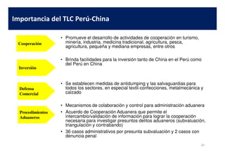• Promueve el desarrollo de actividades de cooperación en turismo,
minería, industria, medicina tradicional, agricultura, pesca,
agricultura, pequeña y mediana empresas, entre otros
• Brinda facilidades para la inversión tanto de China en el Perú como
del Perú en China
Importancia del TLC Perú-China
Cooperación
Inversión
• Se establecen medidas de antidumping y las salvaguardias para
todos los sectores, en especial textil-confecciones, metalmecánica y
calzado
• Mecanismos de colaboración y control para administración aduanera
• Acuerdo de Cooperación Aduanera que permite el
intercambio/validación de información para lograr la cooperación
necesaria para investigar presuntos delitos aduaneros (subvaluación,
triangulación y contrabando)
• 36 casos administrativos por presunta subvaluación y 2 casos con
denuncia penal
20
Defensa
Comercial
Procedimientos
Aduaneros
 