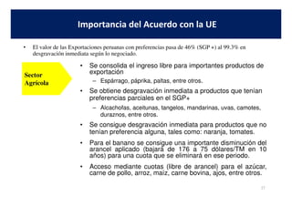• Se consolida el ingreso libre para importantes productos de
exportación
– Espárrago, páprika, paltas, entre otros.
• Se obtiene desgravación inmediata a productos que tenían
preferencias parciales en el SGP+
Importancia del Acuerdo con la UE
Sector
Agrícola
• El valor de las Exportaciones peruanas con preferencias pasa de 46% (SGP +) al 99.3% en
desgravación inmediata según lo negociado.
– Alcachofas, aceitunas, tangelos, mandarinas, uvas, camotes,
duraznos, entre otros.
• Se consigue desgravación inmediata para productos que no
tenían preferencia alguna, tales como: naranja, tomates.
• Para el banano se consigue una importante disminución del
arancel aplicado (bajará de 176 a 75 dólares/TM en 10
años) para una cuota que se eliminará en ese periodo.
• Acceso mediante cuotas (libre de arancel) para el azúcar,
carne de pollo, arroz, maíz, carne bovina, ajos, entre otros.
27
 