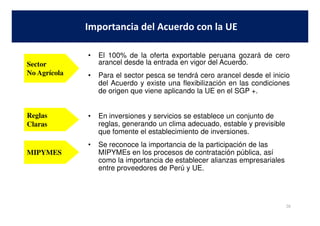 • El 100% de la oferta exportable peruana gozará de cero
arancel desde la entrada en vigor del Acuerdo.
• Para el sector pesca se tendrá cero arancel desde el inicio
del Acuerdo y existe una flexibilización en las condiciones
de origen que viene aplicando la UE en el SGP +.
• En inversiones y servicios se establece un conjunto de
Importancia del Acuerdo con la UE
Reglas
Sector
No Agrícola
• En inversiones y servicios se establece un conjunto de
reglas, generando un clima adecuado, estable y previsible
que fomente el establecimiento de inversiones.
• Se reconoce la importancia de la participación de las
MIPYMEs en los procesos de contratación pública, así
como la importancia de establecer alianzas empresariales
entre proveedores de Perú y UE.
28
MIPYMES
Reglas
Claras
 