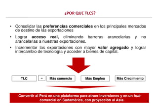 • Consolidar las preferencias comerciales en los principales mercados
de destino de las exportaciones
• Lograr acceso real, eliminando barreras arancelarias y no
arancelarias a nuestras exportaciones.
• Incrementar las exportaciones con mayor valor agregado y lograr
intercambio de tecnología y acceder a bienes de capital.
¿POR QUE TLCS?
6
Convertir al Perú en una plataforma para atraer inversiones y en un hub
comercial en Sudamérica, con proyección al Asia.
TLC Más comercio Más Empleo Más Crecimiento=
6
 