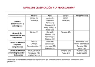 MATRIZ DE CLASIFICACIÓN Y LA PRIORIZACIÓN*
América Asia Europa África/Oceania
EEUU (1) Japón (5) UE (2)
Canadá (8) Taiwán (10) EFTA (18)
Korea (11)
Singapur (16)
Hong Kong (19)
Israel (23)
México (7) China (3) Turquía (27)
Grupo 2: En
Grupo 1:
Desarrollados y
estratégicos
*Para hacer la matriz se ha considerado la priorización que considera criterios económicos comerciales como
geopolíticos
Malasia (12)
Tailandia (15)
Filipinas (29)
CAN (6) India (14) Marruecos (22)
Chile (9) Jordania (21) Nueva Zelanda (26)
Centro América (17) Indonesia (30) Senegal (32)
Pakistán (33) Kenia (34)
MERCOSUR (4) Ucrania (31) Australia (20)
Venezuela (13) Rusia (24) Sudáfrica (28)
CARICOM (25)
Grupo 3b: Mercado
ampliado proveedor
de insumos
Grupo 3a: Mercado
ampliado
competidores
Grupo 2: En
Desarrollo, de alto
crecimiento
 