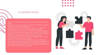 10. REPRESTAMOS
1.1Aplicará a représtamo todo grupo que haya cancelado el valor total del crédito
anterior.
1.2Se podrán ingresar nuevos miembros al momento de la solicitud del représtamos
siempre dentro del máximo por integrantes.
1.3Se podrán retirar miembros al momento de la solicitud de un représtamos,
cumpliendo siempre con el número mínimo de integrantes solicitado.
1.4Los integrantes nuevos que entren a un représtamo o refinanciamiento deberán
tener las mismas condiciones que el grupo tenga al momento de la solicitud (tasa y
plazo) cada nuevo miembro será evaluado como su primer ciclo dentro del límite
establecido y cumpliendo siempre con el número máximo por grupo.
1.5 Los integrantes que permanecen no pierden su antigüedad ni límites máximos
permitidos por ciclos al optar por el représtamo.
A partir de la sexta semana. el asesor enviará por correo a precalificación los
nuevos miembros que desean ingresar con la documentación correspondiente como
ser la imagen del documento de Identificación y la autorización de consulta en
buró de créditos para que el área de C.P.C. de su preaprobación que califica para
entrar al grupo. Es a partir de la sexta catorcena
 