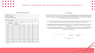 7. DECLARACIONES:
I- Reunidos y presentes todos los integrantes en esta “Reunión Inicial” acordamos organizarnos con el propósito de obtener un “Crédito
Comunal” de acuerdo a las condiciones que san aprobadas por (INCLUIR DENOMINACIÓN DE LA SOCIEDAD DEL GRUPO) con
el propósito de potenciar un grupo comunal a través de un vínculo de solidaridad y confianza en pro del bien común por medio del
cual se logrará y permitirá el acceso a servicios crediticios.
II- La Junta Directiva del Grupo Comunal por votación directa y mayoría queda constituida para los cargos de Presidente, Secretario
y Tesorero según se detalla en el recuadro de “Información de Integrantes” incluido en el presente documento.
III- Todos los firmantes de la presente acta declaramos bajo juramento que la información proporcionada es correcta y autorizamos a
(DENOMINACIÓN DE LA SOCIEDAD DEL GRUPO) para que confirme su veracidad a través de los medios que considere
convenientes.
IV- Los firmantes de la presente acta declaramos, que en caso de aprobación del crédito comunal por parte de (DENOMINACIÓN
DE LA SOCIEDAD DEL GRUPO) los pagos de cuotas que se realicen provendrán de la actividad económica reportada y no
provendrán de actividades ilícitas.
__________________________ __________________________
Presidente Secretario
________________________
Tesorero
ANEXO 1 FORMATO DE ACTA REUNION INICIAL DE GRUPO
 