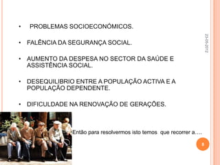 •   PROBLEMAS SOCIOECONÓMICOS.




                                                                    23-05-2012
• FALÊNCIA DA SEGURANÇA SOCIAL.

• AUMENTO DA DESPESA NO SECTOR DA SAÚDE E
  ASSISTÊNCIA SOCIAL.

• DESEQUILIBRIO ENTRE A POPULAÇÃO ACTIVA E A
  POPULAÇÃO DEPENDENTE.

• DIFICULDADE NA RENOVAÇÃO DE GERAÇÕES.



               Então para resolvermos isto temos que recorrer a….

                                                                8
 