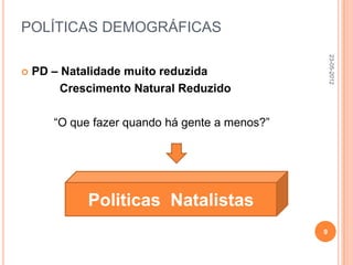 POLÍTICAS DEMOGRÁFICAS




                                                    23-05-2012
   PD – Natalidade muito reduzida
         Crescimento Natural Reduzido

       “O que fazer quando há gente a menos?”




             Politicas Natalistas
                                                9
 