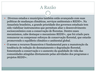 A Razão
 Diversos estados e municípios também estão avançando com suas
políticas de mudanças climáticas, serviços ambientais e REDD+. Na
Amazônia brasileira, a grande prioridade dos governos estaduais tem
sido viabilizar instrumentos que permitam aliar o desenvolvimento
socioeconômico com a conservação de florestas. Dentre esses
mecanismos, cabe destaque o mecanismo REDD+, que foi criado para
remunerar ou compensar esforços de conservação florestal, que estarão
promovendo o equilíbrio climático e ambiental global.
 O acesso a recursos financeiros é fundamental para a manutenção da
tendência de redução do desmatamento e degradação florestal,
fomentando a conservação e o aumento da qualidade de vida das
comunidades atingidas diretamente pelas atividades dos programas e
projetos REDD+.
 