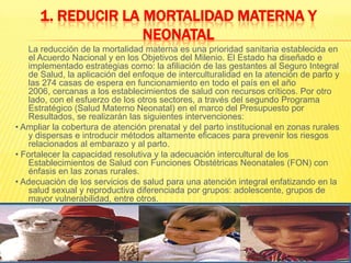 1. Reducir la mortalidad materna y neonatal	La reducción de la mortalidad materna es una prioridad sanitaria establecida en el Acuerdo Nacional y en los Objetivos del Milenio. El Estado ha diseñado e implementado estrategias como: la afiliación de las gestantes al Seguro Integral de Salud, la aplicación del enfoque de interculturalidad en la atención de parto y las 274 casas de espera en funcionamiento en todo el país en el año 2006, cercanas a los establecimientos de salud con recursos críticos. Por otro lado, con el esfuerzo de los otros sectores, a través del segundo Programa Estratégico (Salud Materno Neonatal) en el marco del Presupuesto por Resultados, se realizarán las siguientes intervenciones:• Ampliar la cobertura de atención prenatal y del parto institucional en zonas rurales y dispersas e introducir métodos altamente eficaces para prevenir los riesgos relacionados al embarazo y al parto.• Fortalecer la capacidad resolutiva y la adecuación intercultural de los Establecimientos de Salud con Funciones Obstétricas Neonatales (FON) con énfasis en las zonas rurales.• Adecuación de los servicios de salud para una atención integral enfatizando en la salud sexual y reproductiva diferenciada por grupos: adolescente, grupos de mayor vulnerabilidad, entre otros.