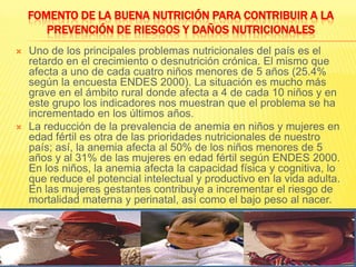 Fomento de la buena nutrición para contribuir a la prevención de riesgos y daños nutricionalesUno de los principales problemas nutricionales del país es el retardo en el crecimiento o desnutrición crónica. El mismo que afecta a uno de cada cuatro niños menores de 5 años (25.4% según la encuesta ENDES 2000). La situación es mucho más grave en el ámbito rural donde afecta a 4 de cada 10 niños y en este grupo los indicadores nos muestran que el problema se ha incrementado en los últimos años.La reducción de la prevalencia de anemia en niños y mujeres en edad fértil es otra de las prioridades nutricionales de nuestro país; así, la anemia afecta al 50% de los niños menores de 5 años y al 31% de las mujeres en edad fértil según ENDES 2000. En los niños, la anemia afecta la capacidad física y cognitiva, lo que reduce el potencial intelectual y productivo en la vida adulta. En las mujeres gestantes contribuye a incrementar el riesgo de mortalidad materna y perinatal, así como el bajo peso al nacer.