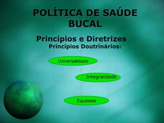POLÍTICA DE SAÚDE
BUCAL
Princípios e Diretrizes
Princípios Doutrinários:
Universalidade
Equidade
Integralidade
 