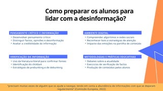 Como preparar os alunos para
lidar com a desinformação?
• Desenvolver pensamento crítico
• Distinguir factos, opiniões e desinformação
• Avaliar a credibilidade da informação
PENSAMENTO CRÍTICO E INFORMAÇÃO
• Compreender algoritmos e redes sociais
• Reconhecer bots e estratégias de atenção
• Impacto das emoções na partilha de conteúdo
AMBIENTE DIGITAL
• Uso da literatura literal para confirmar fontes
• Identificação do clickbait
• Estratégias de prebunking e de debunking
VERIFICAÇÃO DA INFORMAÇÃO
• Debates sobre a atualidade
• Exercicios de verificação de factos
• Produção de conteúdos pelos alunos
METODOLOGIAS E PRÁTICAS EDUCATIVAS
“precisam muitas vezes de alguém que os ajude a navegar, tendo em conta a abundância de informações com que se deparam
regularmente” (Comissão Europeia, 2022)
 
