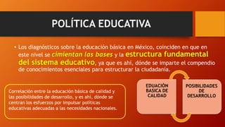 POLÍTICA EDUCATIVA
• Los diagnósticos sobre la educación básica en México, coinciden en que en
este nivel se cimientan las bases y la estructura fundamental
del sistema educativo, ya que es ahí, dónde se imparte el compendio
de conocimientos esenciales para estructurar la ciudadanía.
EDUACIÓN
BASICA DE
CALIDAD
POSIBILIDADES
DE
DESARROLLO
Correlación entre la educación básica de calidad y
las posibilidades de desarrollo, y es ahí, dónde se
centran los esfuerzos por impulsar políticas
educativas adecuadas a las necesidades nacionales.
 