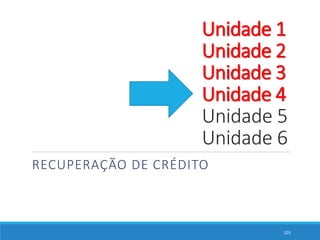 RECUPERAÇÃO DE CRÉDITO
101
Unidade 1
Unidade 2
Unidade 3
Unidade 4
Unidade 5
Unidade 6
 