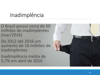 Inadimplência
O Brasil possui cerca de 60
milhões de inadimplentes
(mar/2016)
De 2012 até 2016 um
aumento de 10 milhões de
inadimplentes
Inadimplência média de
5,7% em abril de 2016
102
 