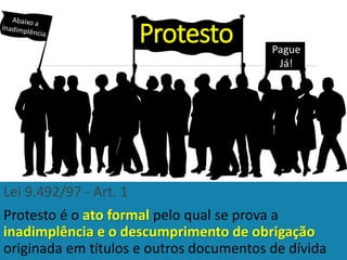 Lei 9.492/97 - Art. 1
Protesto é o ato formal pelo qual se prova a
inadimplência e o descumprimento de obrigação
originada em títulos e outros documentos de dívida
Protesto Pague
Já!
 