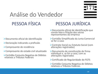 Análise do Vendedor
PESSOA FÍSICA
Documento oficial de identificação
Declaração indicando a profissão
Comprovante de residência
Comprovante de estado civil atualizado
Certidão Conjunta Negativa de Débitos
relativos a Tributos Federais
PESSOA JURÍDICA
Documento oficial de identificação que
conste foto e filiação dos sócios
representantes da empresa
Certidão Simplificada da Junta Comercial
se for o caso
Contrato Social ou Estatuto Social (com
alterações registradas)
Documento de constituição de firma
individual e, se for o caso, com as
alterações registrados
Certificado de Regularidade do FGTS
Certidão Conjunta Negativa de Débitos
relativos a Tributos Federais
138
 