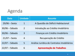 Agenda
14
Data Unidade Assunto
29/06 – Sexta 1 A Questão do Déficit Habitacional
30/06 – Sábado 2 Introdução ao Crédito Imobiliário
30/06 – Sábado 3 Finanças em Crédito Imobiliário
21/07 – Sexta 4 Recuperação de Crédito
22/07 – Sábado 5 Análise Jurídica de Contratos Imobiliários
22/07 – Sábado 6 Apresentação de Trabalhos
 