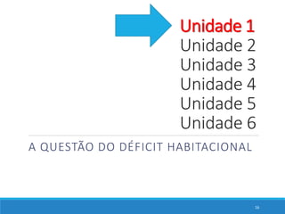 Unidade 1
Unidade 2
Unidade 3
Unidade 4
Unidade 5
Unidade 6
A QUESTÃO DO DÉFICIT HABITACIONAL
16
 