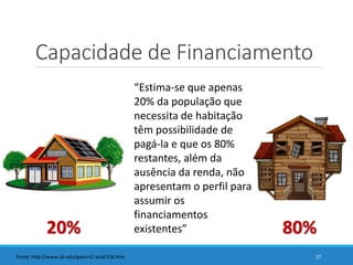 Capacidade de Financiamento
27
“Estima-se que apenas
20% da população que
necessita de habitação
têm possibilidade de
pagá-la e que os 80%
restantes, além da
ausência da renda, não
apresentam o perfil para
assumir os
financiamentos
existentes”20% 80%
Fonte: http://www.ub.edu/geocrit/-xcol/158.htm
 