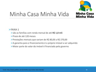 Minha Casa Minha Vida
FAIXA 1
são as famílias com renda mensal de até R$ 1,8 mil.
Prazo de até 120 meses
Prestações mensais que variam de R$ 80,00 a R$ 270,00
A garantia para o financiamento é o próprio imóvel a ser adquirido
Maior parte do valor do imóvel é financiada pelo governo
34Fonte: http://www.politize.com.br/minha-casa-minha-vida-entenda/
 