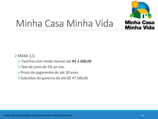 Minha Casa Minha Vida
FAIXA 1,5
 Famílias com renda mensal até R$ 2.600,00
Taxa de juros de 5% ao ano
Prazo de pagamento de até 30 anos
Subsídios do governo de até R$ 47.500,00
35Fonte: http://www.politize.com.br/minha-casa-minha-vida-entenda/
 