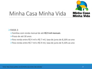Minha Casa Minha Vida
FAIXA 3
Famílias com renda mensal de até R$ 9 mil mensais
Prazo de até 30 anos
Para renda entre R$ 4 mil e R$ 7 mil, taxa de juros de 8,16% ao ano
Para renda entre R$ 7 mil e R$ 9 mil, taxa de juros de 9,16% ao ano
37Fonte: http://www.politize.com.br/minha-casa-minha-vida-entenda/
 