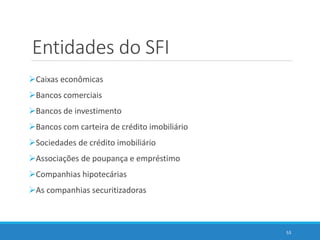 Entidades do SFI
Caixas econômicas
Bancos comerciais
Bancos de investimento
Bancos com carteira de crédito imobiliário
Sociedades de crédito imobiliário
Associações de poupança e empréstimo
Companhias hipotecárias
As companhias securitizadoras
53
 