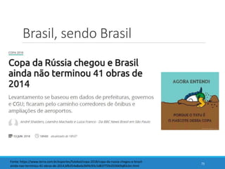 Brasil, sendo Brasil
75
Fonte: https://www.terra.com.br/esportes/futebol/copa-2018/copa-da-russia-chegou-e-brasil-
ainda-nao-terminou-41-obras-de-2014,bfb354a8a4a3bf4c93c5d81f759c0336k9q83cbn.html
 