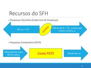 Recursos do SFH
Poupança Voluntária (Caderneta de Poupança)
Poupança Compulsória (FGTS)
48
6% a.a. + T.R.
70% da SELIC +...