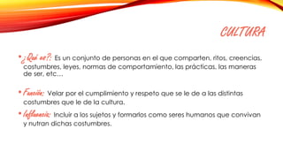 CULTURA
•¿Qué es?: Es un conjunto de personas en el que comparten, ritos, creencias,
costumbres, leyes, normas de comportamiento, las prácticas, las maneras
de ser, etc…
•Función: Velar por el cumplimiento y respeto que se le de a las distintas
costumbres que le de la cultura.
•Influencia: Incluir a los sujetos y formarlos como seres humanos que convivan
y nutran dichas costumbres.
 