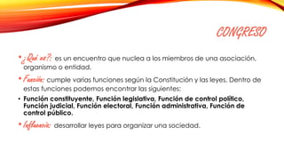 CONGRESO
•¿Qué es?: es un encuentro que nuclea a los miembros de una asociación,
organismo o entidad.
•Función: cumple varias funciones según la Constitución y las leyes. Dentro de
estas funciones podemos encontrar las siguientes:
• Función constituyente, Función legislativa, Función de control político,
Función judicial, Función electoral, Función administrativa, Función de
control público.
•Influencia: desarrollar leyes para organizar una sociedad.
 