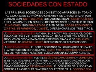 SOCIEDADES CON ESTADO LAS PRIMERAS SOCIEDADES CON ESTADO APARECEN EN TORNO AL 3300 A.C. EN EL PRÓXIMO ORIENTE Y SE CARACTERIZAN POR CONTAR CON   INSTITUCIONES   QUE ADMINISTRAN  PODER POLÍTICO : EN ELLAS APARECEN GRUPOS DIFERENCIADOS EN VIRTUD DE SUS   FUNCIONES , SUS  PRIVILEGIOS   O BIEN DE SU   PODER ECONÓMICO   ( CASTAS ,  ESTAMENTOS ,  CLASES ). DIFERENCIAREMOS TRES TIPOS: LA   SOCIEDAD ESCLAVISTA   ANTIGUA: SU PROTOTIPOS SON LAS CIUDADES ESTADO GRIEGAS Y EL IMPERIO ROMANO. SE CARACTERIZAN PORQUE LA PRODUCCIÓN DESCANSA BÁSICAMENTE EN EL TRABAJO DE  ESCLAVOS , MIENTRAS LOS  HOMBRES LIBRES   DISFRUTAN DE SU TIEMPO DE OCIO LA   SOCIEDAD FEUDAL : EL PODER DESCANSA EN LOS SEÑORES FEUDALES, Y LA PRODUCCIÓN SE FUNDA EN EL  FEUDO   Y   RELACIONES DE VASALLAJE (DEL SIERVO FRENTE AL SEÑOR FEUDAL) CON UNA ECONOMÍA AGRARIA LA   SOCIEDAD MODERNA : FUERTE  DESARROLLO INDUSTRIAL   Y   COMERCIAL   EL ESTADO ADQUIERE UN GRAN PESO COMO ELEMENTO ORGANIZADOR DE LA SOCIEDAD, EVOLUCIONANDO HACIA LO QUE SE CONOCE COMO ESTADO MODERNO O  ESTADO NACIONAL : EL CONJUNTO DE LA SOCIEDAD SOMETIDA A LAS REGLAS EMANADAS DEL ESTADO ES LA  SOCIEDAD CIVIL 