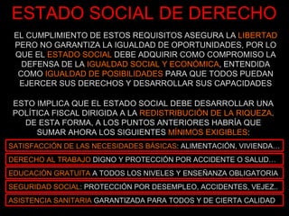ESTADO SOCIAL DE DERECHO EL CUMPLIMIENTO DE ESTOS REQUISITOS ASEGURA LA  LIBERTAD  PERO NO GARANTIZA LA IGUALDAD DE OPORTUNIDADES, POR LO QUE EL  ESTADO SOCIAL  DEBE ADQUIRIR COMO COMPROMISO LA DEFENSA DE LA  IGUALDAD SOCIAL Y ECONÓMICA , ENTENDIDA COMO  IGUALDAD DE POSIBILIDADES  PARA QUE TODOS PUEDAN EJERCER SUS DERECHOS Y DESARROLLAR SUS CAPACIDADES ESTO IMPLICA QUE EL ESTADO SOCIAL DEBE DESARROLLAR UNA POLÍTICA FISCAL DIRIGIDA A LA  REDISTRIBUCIÓN DE LA RIQUEZA . DE ESTA FORMA, A LOS PUNTOS ANTERIORES HABRÍA QUE SUMAR AHORA LOS SIGUIENTES  MÍNIMOS EXIGIBLES : SATISFACCIÓN DE LAS NECESIDADES BÁSICAS : ALIMENTACIÓN, VIVIENDA… DERECHO AL TRABAJO  DIGNO Y PROTECCIÓN POR ACCIDENTE O SALUD… EDUCACIÓN GRATUITA  A TODOS LOS NIVELES Y ENSEÑANZA OBLIGATORIA SEGURIDAD SOCIAL : PROTECCIÓN POR DESEMPLEO, ACCIDENTES, VEJEZ.. ASISTENCIA SANITARIA  GARANTIZADA PARA TODOS Y DE CIERTA CALIDAD 