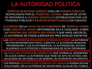 LA AUTORIDAD POLITICA DERECHO  O  SISTEMA JURÍDICO  SON LAS  NORMAS PÚBLICAS  RESPALDADAS POR EL  PODER DEL ESTADO . HABLAR DE LEYES ES REFERIMOS A  NORMAS GENERALES  ESTABLECIDAS POR LOS PODERES PÚBLICOS Y  ESCRITAS  ( POSITIVIZADAS ) EN CÓDIGOS AUTORIDAD   ES LA  FACULTAD DE GOBERNAR , DE  TENER EL PODER   O DE  EJERCER EL MANDO   APOYÁNDOSE EN LA LEGALIDAD, O BIEN LA   PERSONA QUE OSTENTA ESE PODER   Y QUE HACE USO DE ÉL. LA AUTORIDAD SE PUEDE EJERCER EN TRES NIVELES DISTINTOS: LAS   INSTITUCIONES   U   ORGANISMOS DOTADOS DE PODER : LA AUTORIDAD MILITAR REPRESENTADA POR EL EJÉRCITO, LA AUTORIDAD MUNICIPAL REFIRIÉNDOSE A LOS AYUNTAMIENTOS, LA AUTORIDAD DEL ESTADO ALUDIENDO A LA POTESTAD O PERSONALIDAD DE DICHO ORGANISMO LA   FACULTAD ,   POTESTAD   O   JURISDICCIÓN   QUE OTORGA EL DESEMPEÑO DE ALGÚN CARGO: LA AUTORIDAD QUE TIENE UN JEFE DE ESTADO, UNA ALCALDESA DE UN PUEBLO O UN GENERAL DE DIVISIÓN DE UN EJÉRCITO LOS PROPIOS  INDIVIDUOS QUE EJERCEN LOS CARGOS   O POSEEN DICHAS FACULTADES: ASÍ LA AUTORIDAD DE OSCAR ARES, ALCALDE DEL PUEBLO 