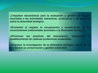  Impulsar mecanismos para la evaluación y gestión de riesgos
asociados a las actividades extractivas, productivas y de servicios
sobre la diversidad biológica.

Fomentar el respeto, la recuperación y conservación de los
conocimientos tradicionales asociados a la diversidad biológica

Promover las prácticas del biocomercio, impulsando              el
establecimiento de cadenas productivas sostenibles.

Impulsar la investigación de la diversidad biológica con el fin de
monitorear su conservación y gestión sostenible
 