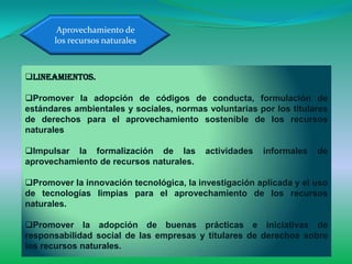 Aprovechamiento de
      los recursos naturales



Lineamientos.

Promover la adopción de códigos de conducta, formulación de
estándares ambientales y sociales, normas voluntarias por los titulares
de derechos para el aprovechamiento sostenible de los recursos
naturales

Impulsar la formalización de las         actividades   informales   de
aprovechamiento de recursos naturales.

Promover la innovación tecnológica, la investigación aplicada y el uso
de tecnologías limpias para el aprovechamiento de los recursos
naturales.

Promover la adopción de buenas prácticas e iniciativas de
responsabilidad social de las empresas y titulares de derechos sobre
los recursos naturales.
 