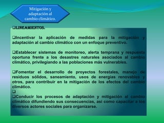 Mitigación y
        adaptación al
      cambio climático.

Lineamientos.

Incentivar la aplicación de medidas para la mitigación y
adaptación al cambio climático con un enfoque preventivo.

Establecer sistemas de monitoreo, alerta temprana y respuesta
oportuna frente a los desastres naturales asociados al cambio
climático, privilegiando a las poblaciones más vulnerables.

Fomentar el desarrollo de proyectos forestales, manejo de
residuos sólidos, saneamiento, usos de energías renovables y
otros, para contribuir en la mitigación de los efectos del cambio
climático.

Conducir los procesos de adaptación y mitigación al cambio
climático difundiendo sus consecuencias, así como capacitar a los
diversos actores sociales para organizarse.
 