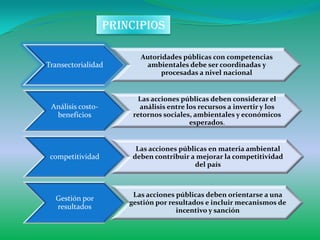 Principios

                          Autoridades públicas con competencias
Transectorialidad          ambientales debe ser coordinadas y
                                procesadas a nivel nacional


                         Las acciones públicas deben considerar el
 Análisis costo-          análisis entre los recursos a invertir y los
  beneficios            retornos sociales, ambientales y económicos
                                          esperados.


                         Las acciones públicas en materia ambiental
 competitividad         deben contribuir a mejorar la competitividad
                                          del país



                        Las acciones públicas deben orientarse a una
  Gestión por
                       gestión por resultados e incluir mecanismos de
  resultados                         incentivo y sanción
 