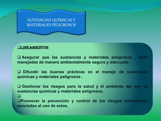 SUSTANCIAS QUÍMICAS Y
    MATERIALES PELIGROSOS




Lineamientos

 Asegurar que las sustancias y materiales peligrosos , sean
manejadas de manera ambientalmente segura y adecuada.

 Difundir las buenas prácticas en el manejo de sustancias
químicas y materiales peligrosos .

 Gestionar los riesgos para la salud y el ambiente del uso de
sustancias químicas y materiales peligrosos.

Promover la prevención y control de los riesgos ambientales
asociados al uso de estos.
 