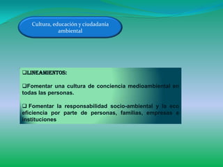 Cultura, educación y ciudadanía
              ambiental




Lineamientos:

Fomentar una cultura de conciencia medioambiental en
todas las personas.

 Fomentar la responsabilidad socio-ambiental y la eco
eficiencia por parte de personas, familias, empresas e
instituciones
 